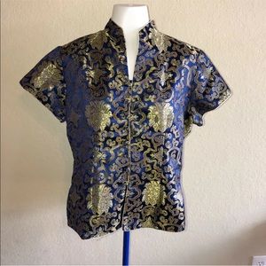 Vintage Qiong Yu Silk Blue Gold Kimono Top